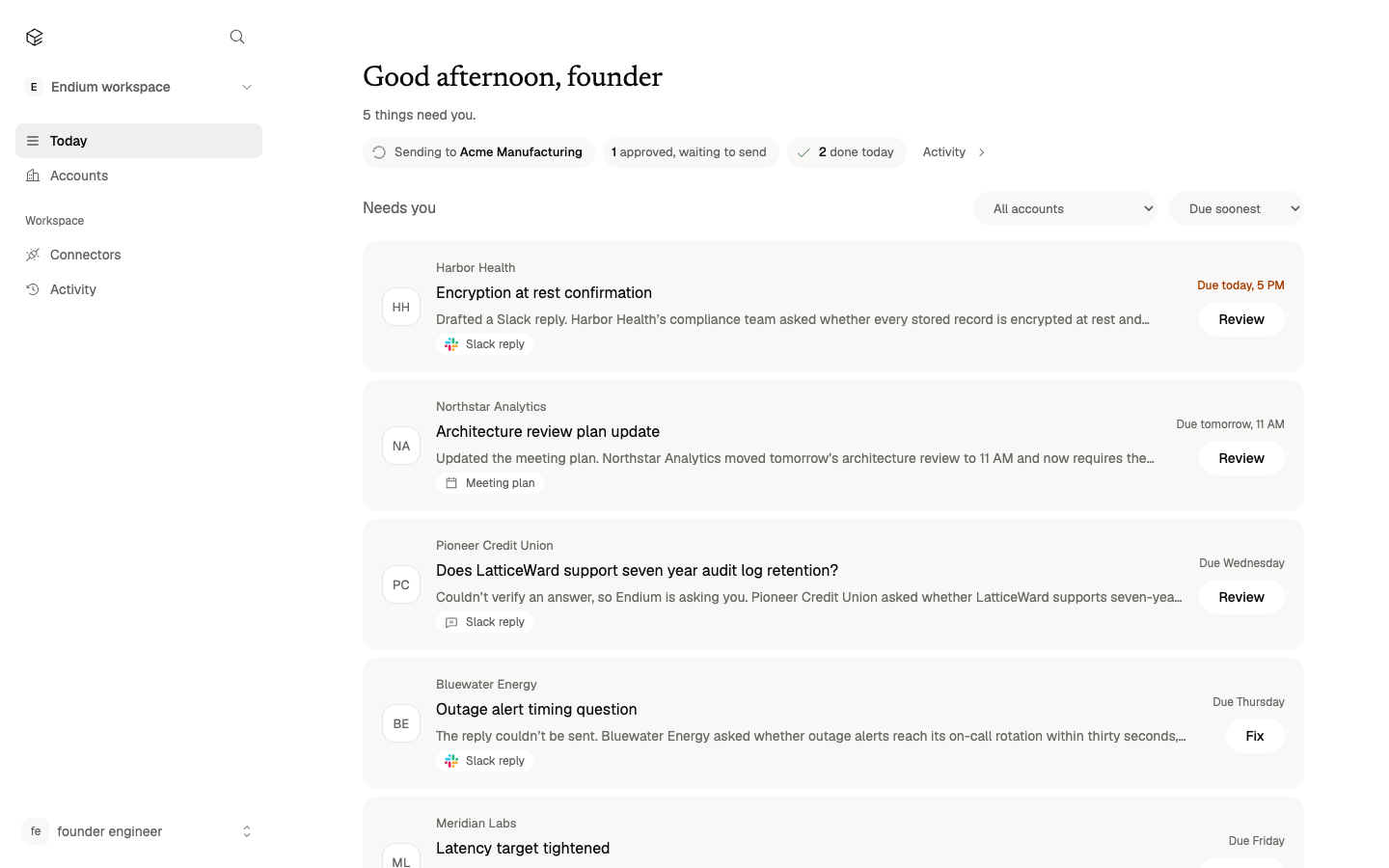 The engineer agent’s Today view showing incoming questions and drafts awaiting review