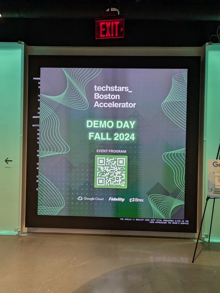 Techstars Boston Accelerator Fall 2024 Demo Day signage at Google’s Cambridge office